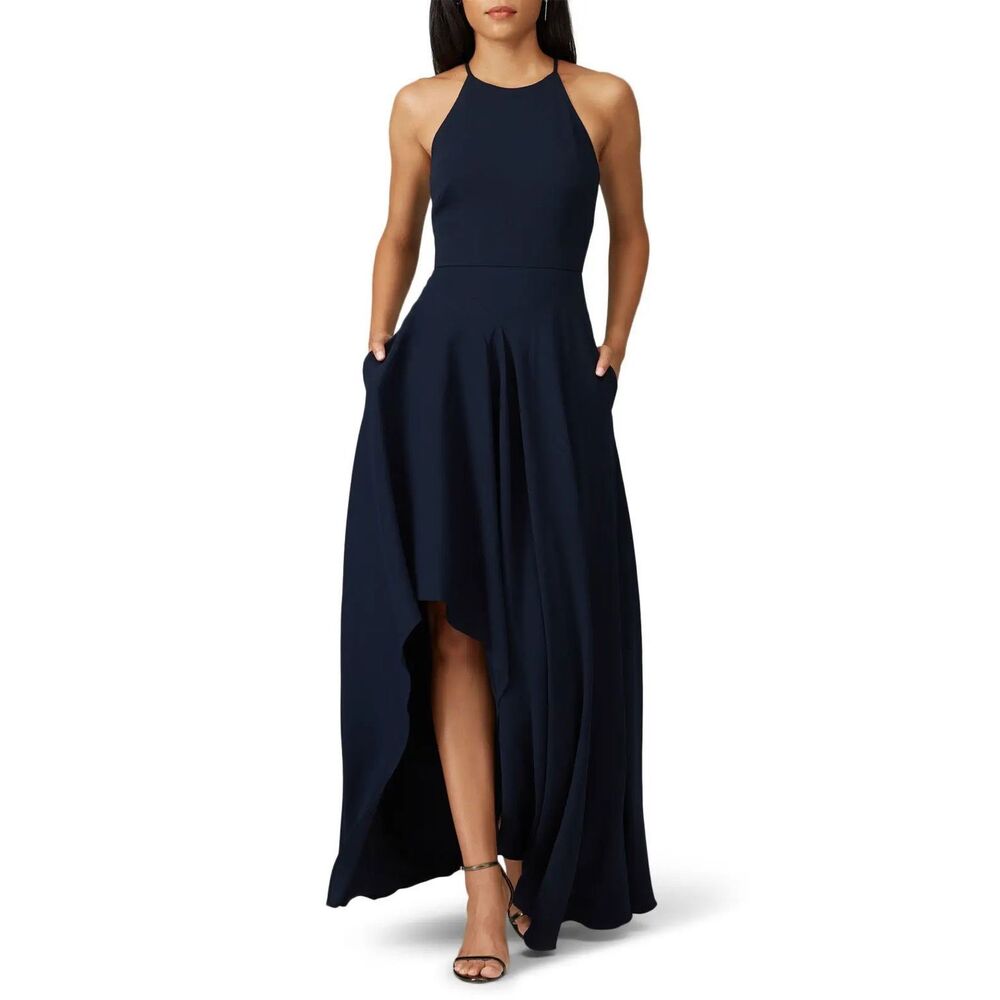 Badgley Mischka Blue Asymmetrical Halter Maxi Dress